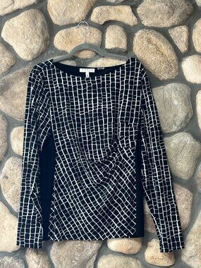 Chaus New York Black White Geometric Print Ruched Top Women's XL Career Casual